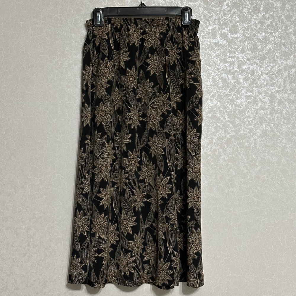BonWorth‎ Black A-line Maxi Skirt Tan Floral Print Elastic Waist Flowy Cottage S